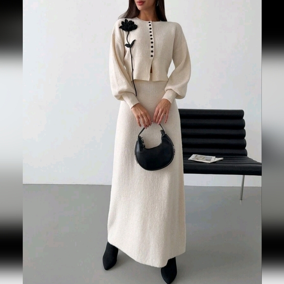Women 3D Floral Decor Drop Shoulder Long Sleeve Sweater Cardigan And Midi Skirt